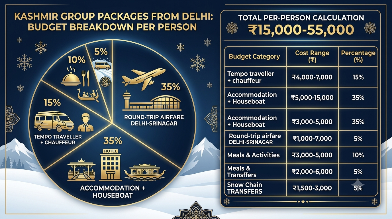 Budget breakdown infographic for Kashmir group packages from Delhi per person 2026 by Nature Connect Travels