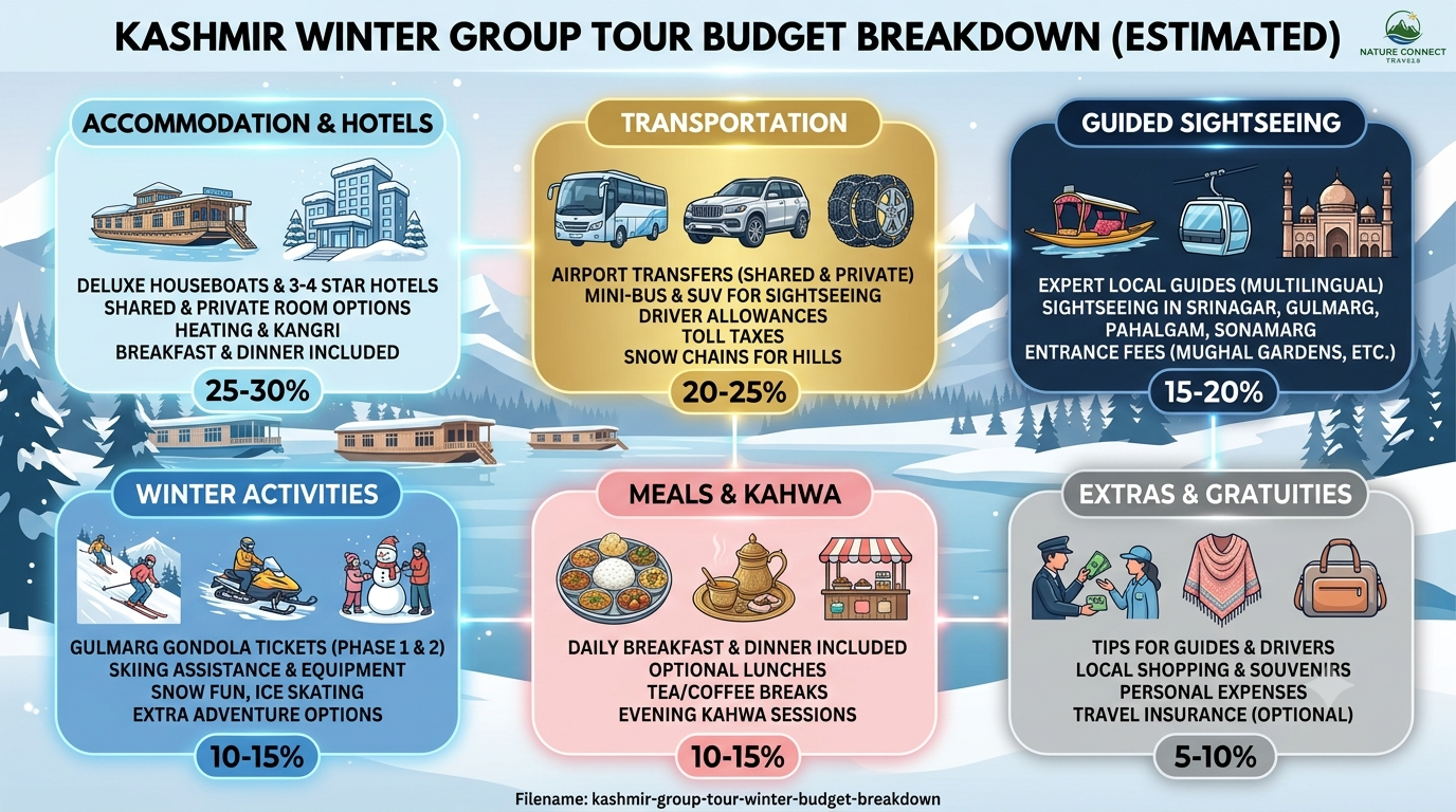 Kashmir Group Tour Winter Packages 2026 | Nature Connect ₹15K+ 12 Budget breakdown infographic for Kashmir group tour winter packages 2026 by Nature Connect Travels