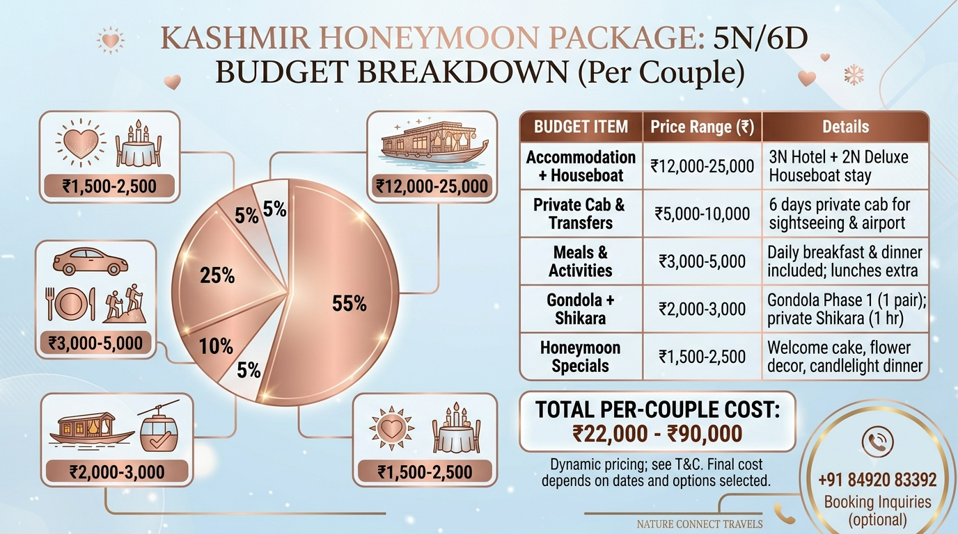 Budget breakdown infographic for Kashmir honeymoon package 5 nights 6 days per couple 2026