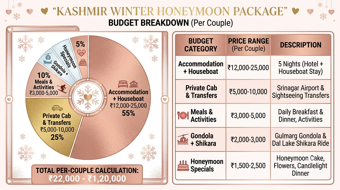 Kashmir Honeymoon Packages in Winter 2026 | ₹22K+ Couple 10 Budget breakdown infographic for Kashmir honeymoon packages in winter per couple 2026