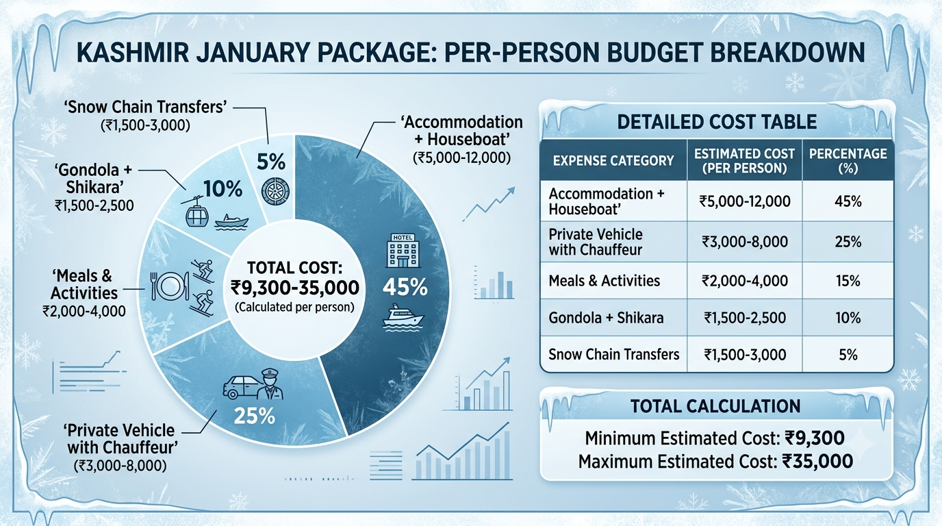 Budget breakdown infographic for Kashmir package in January 2026 by Nature Connect Travels
