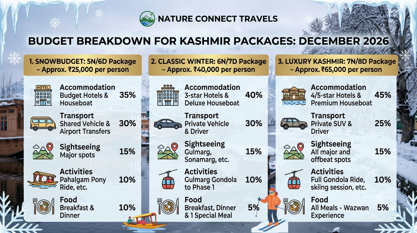 Kashmir Packages in December 2026 | Nature Connect ₹15,500+ 12 Budget breakdown infographic for Kashmir packages in December 2026 by Nature Connect Travels