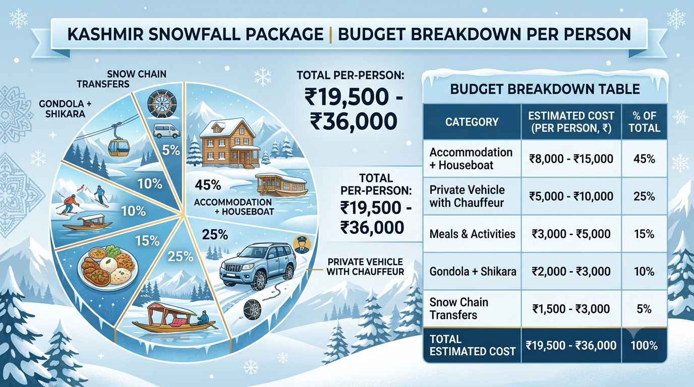 Budget breakdown infographic for Kashmir snowfall package 2026 by Nature Connect Travels