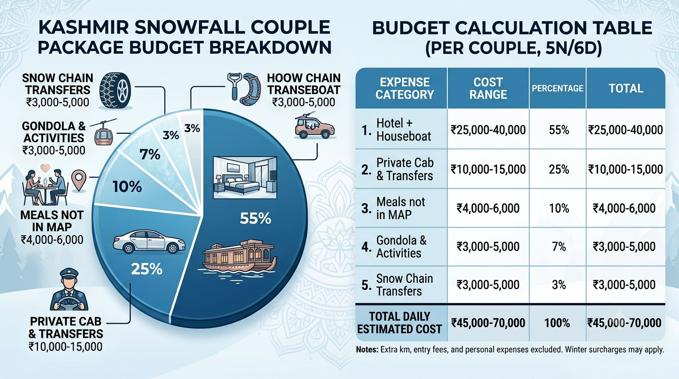 Kashmir Snowfall Packages for Couples 2026 | ₹12,199+ 10 Budget breakdown infographic for Kashmir snowfall packages for couples 2026