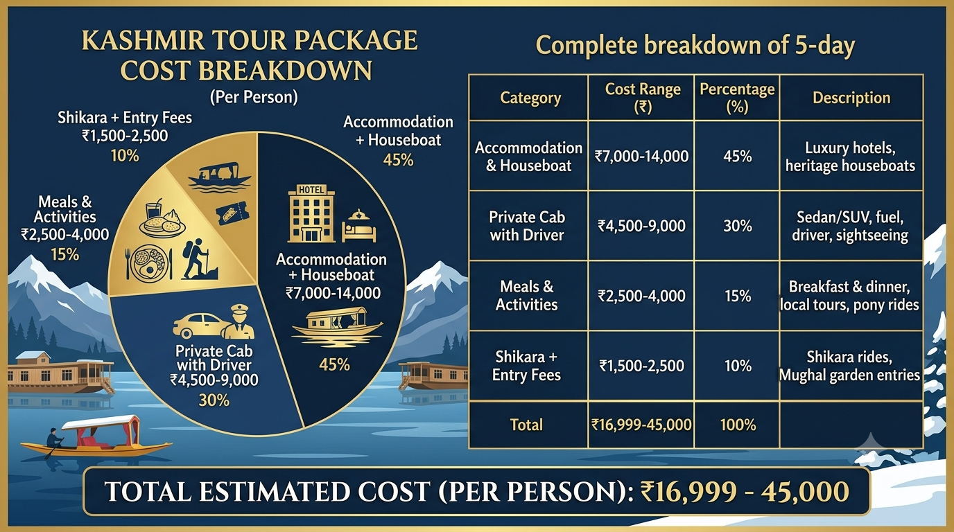Budget breakdown infographic for Kashmir tour package for 5 days by Nature Connect Travels