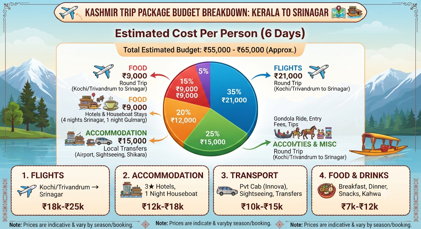 Kashmir Trip Package from Kerala 2026 | Nature Connect 12 Budget breakdown infographic for Kashmir trip package from Kerala by Nature Connect Travels