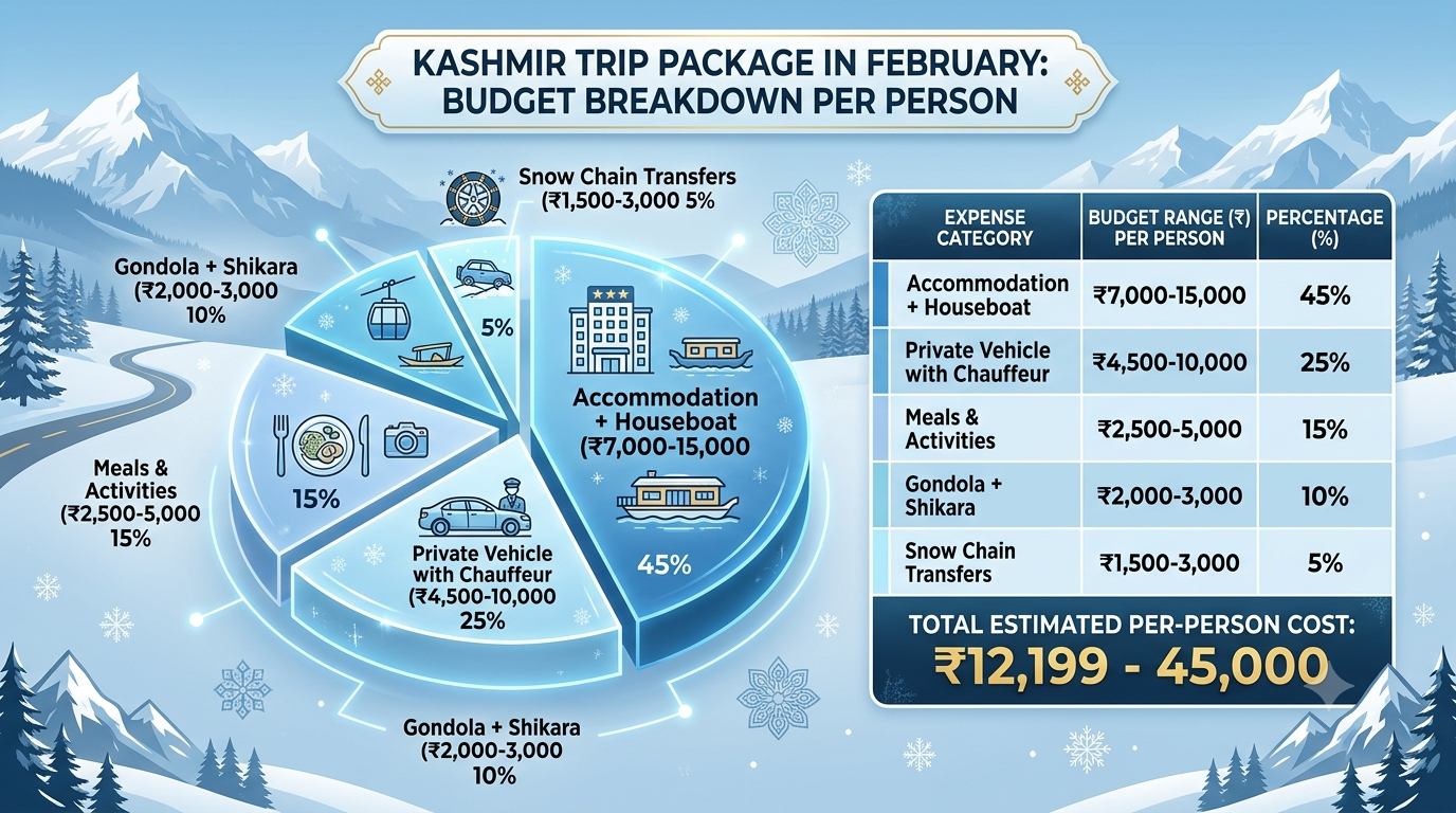 Kashmir Trip Package in February 2026 | Nature Connect ₹12K+ 12 Budget breakdown infographic for Kashmir trip package in February 2026 by Nature Connect Travels