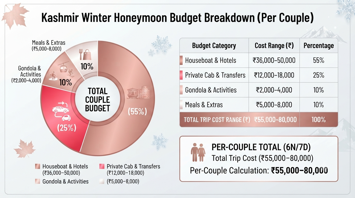 Budget breakdown infographic for Kashmir winter honeymoon with houseboat package per couple 2026