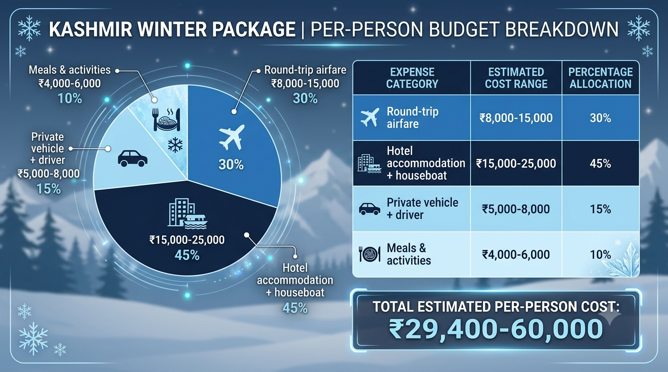 Kashmir Winter Package with Flight 2026 | ₹29,400+ All-Inc 12 Budget breakdown infographic for Kashmir winter package with flight per person 2026