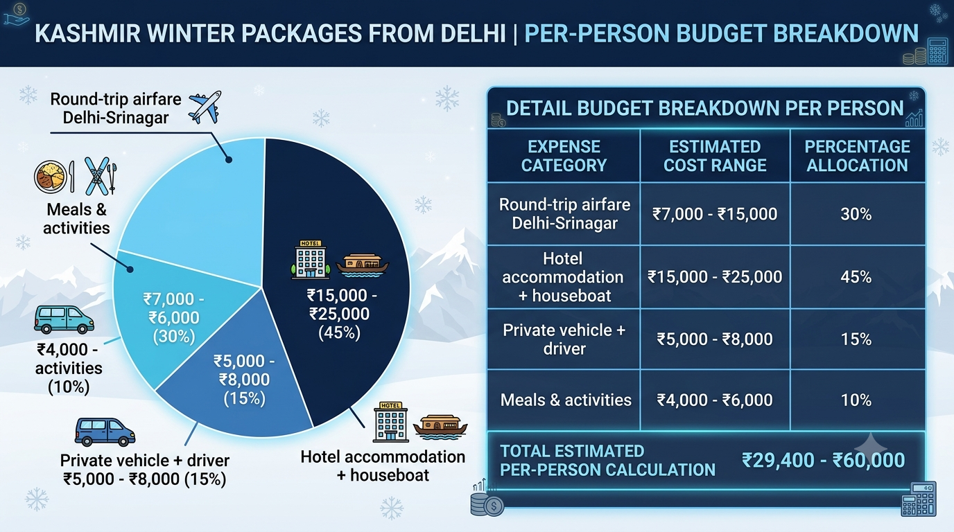 Kashmir Winter Packages from Delhi 2026 | ₹29,400+ All-Inc 12 Budget breakdown infographic for Kashmir winter packages from Delhi per person 2026