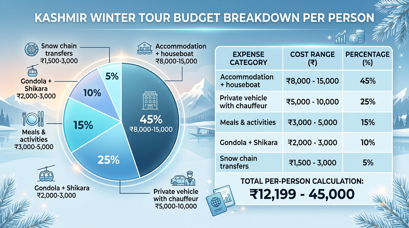 Kashmir Winter Tour 2026 | Nature Connect Travels ₹12,199+ 12 Budget breakdown infographic for Kashmir winter tour 2026 by Nature Connect Travels
