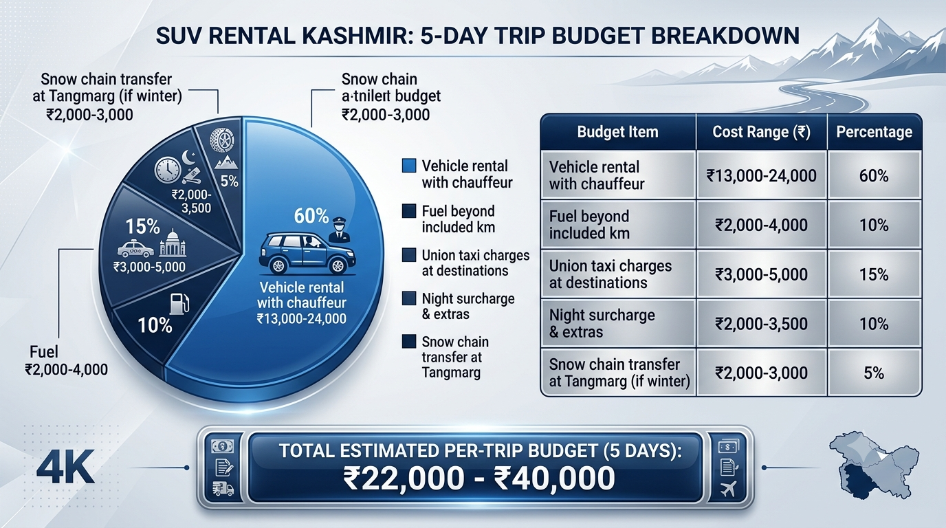 SUV Rental in Kashmir 2026 | Nature Connect Travels ₹3,000+ 12 Budget breakdown infographic for SUV rental in Kashmir 5-day trip with Nature Connect Travels