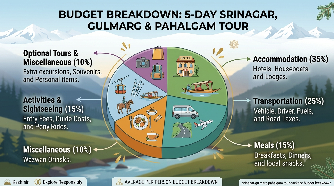Budget breakdown infographic for Srinagar Gulmarg Pahalgam tour package 2026 by Nature Connect Travels