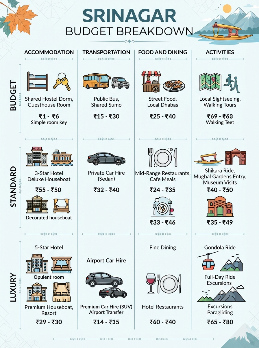 Budget breakdown infographic for Srinagar trip package 2026 by Nature Connect Travels