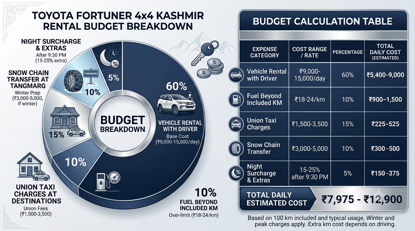 Toyota Fortuner 4x4 Rental Kashmir with Driver 2026 | ₹9,000 12 Budget breakdown infographic for Toyota Fortuner 4x4 rental in Kashmir with driver 2026