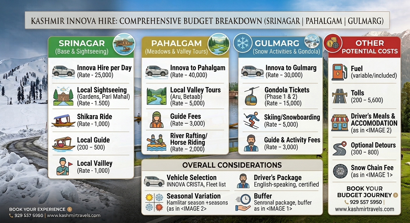 Toyota Innova Hire Srinagar Pahalgam Gulmarg | Nature Connect 12 Budget breakdown infographic for Toyota Innova hire Srinagar to Pahalgam Gulmarg showing two-day circuit cost