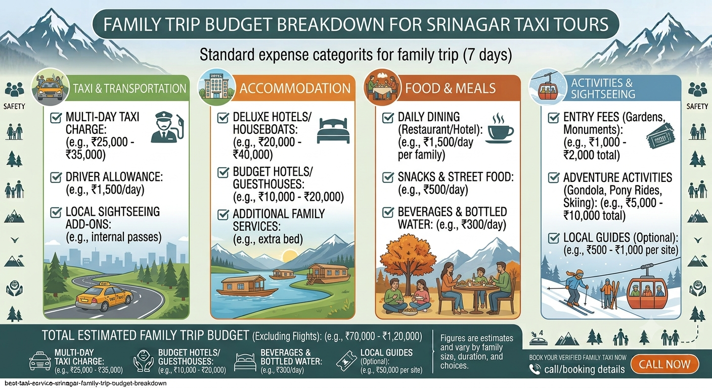 Best Taxi Service in Srinagar for Family Trip | Nature Connect 14 Budget breakdown infographic for best taxi service in Srinagar for family trip by Nature Connect Travels