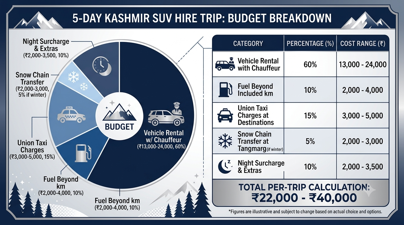 Budget breakdown infographic for hiring SUV in Kashmir 5-day trip with Nature Connect Travels