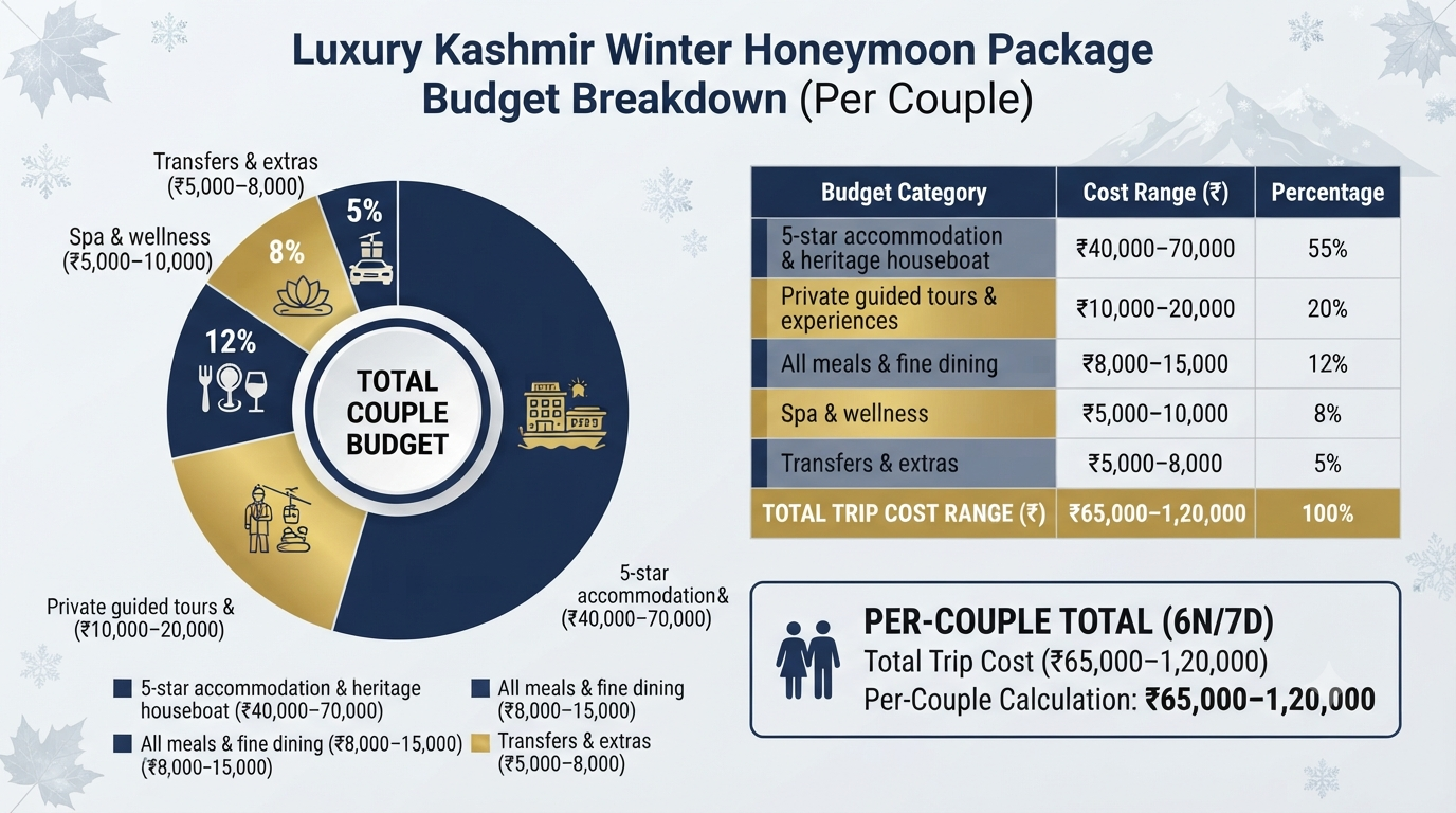 Luxury Kashmir Winter Honeymoon Package 2026 | 5-Star ₹65K+ 12 Budget breakdown infographic for luxury Kashmir winter honeymoon package per couple 2026
