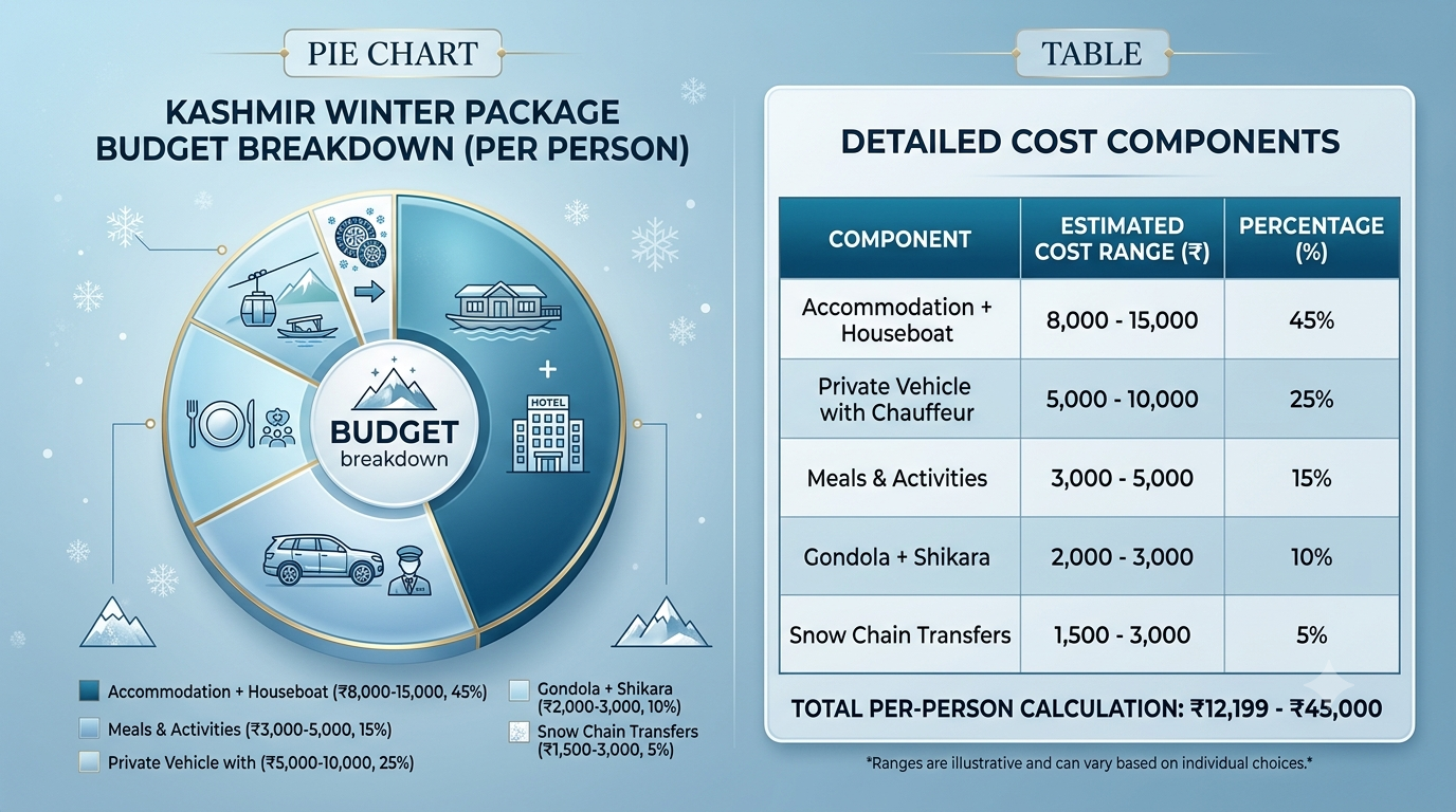 Budget breakdown infographic for winter packages Kashmir 2026 by Nature Connect Travels
