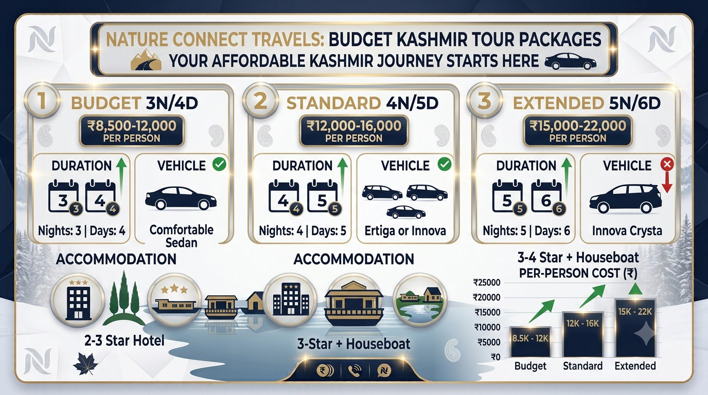 Budget package infographic for affordable Kashmir cab service showing 3N 4N and 5N tour options 2026