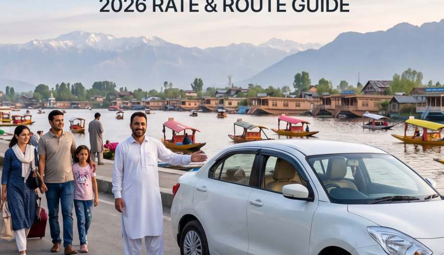 Car hire Kashmir - white sedan with driver on Boulevard Road along Dal Lake for family travel in Srinagar