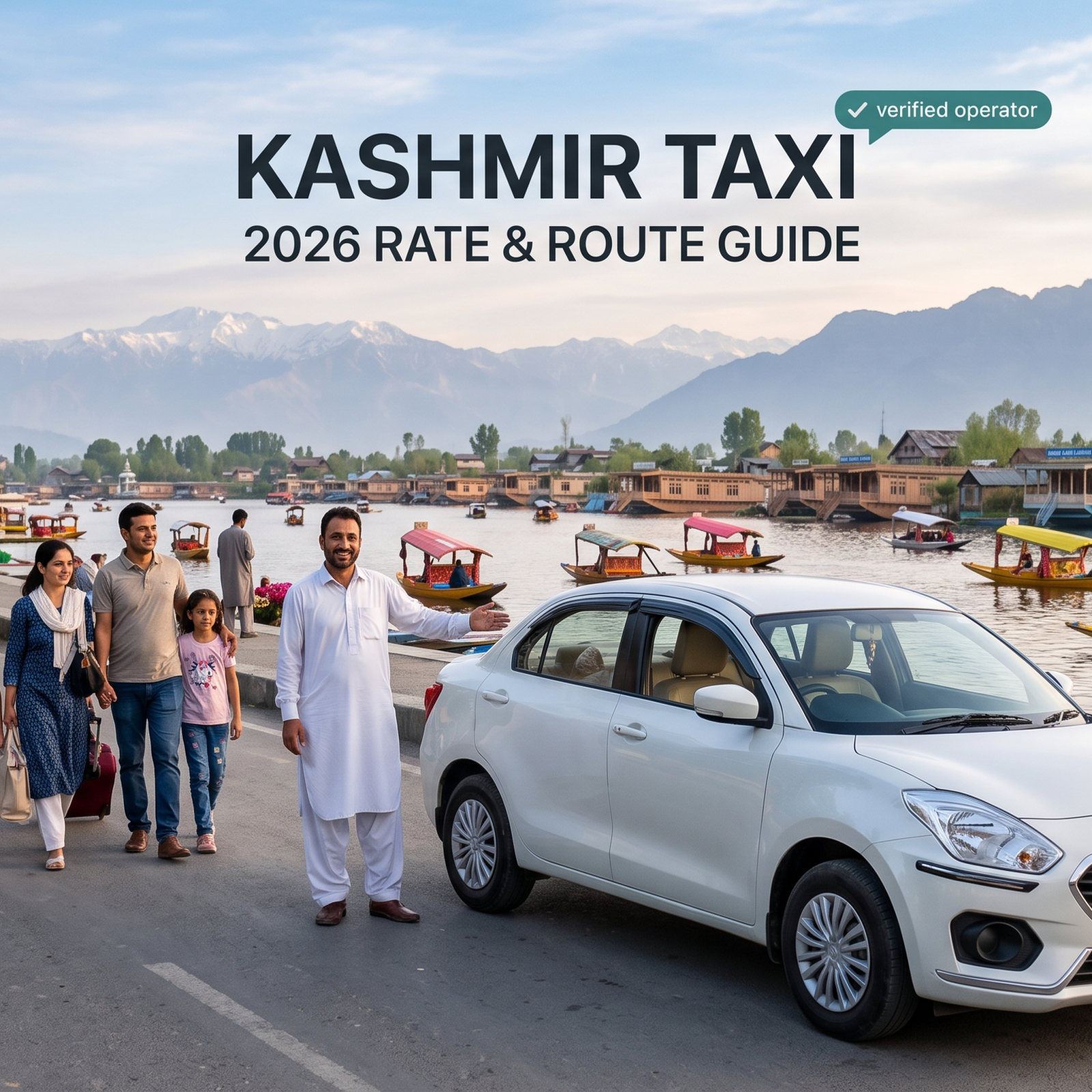 Car hire Kashmir - white sedan with driver on Boulevard Road along Dal Lake for family travel in Srinagar
