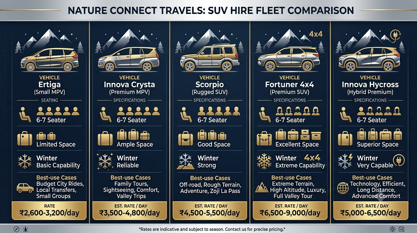 Comparison infographic for hiring SUV in Kashmir showing Ertiga Innova Crysta Scorpio and Fortuner rates 2026