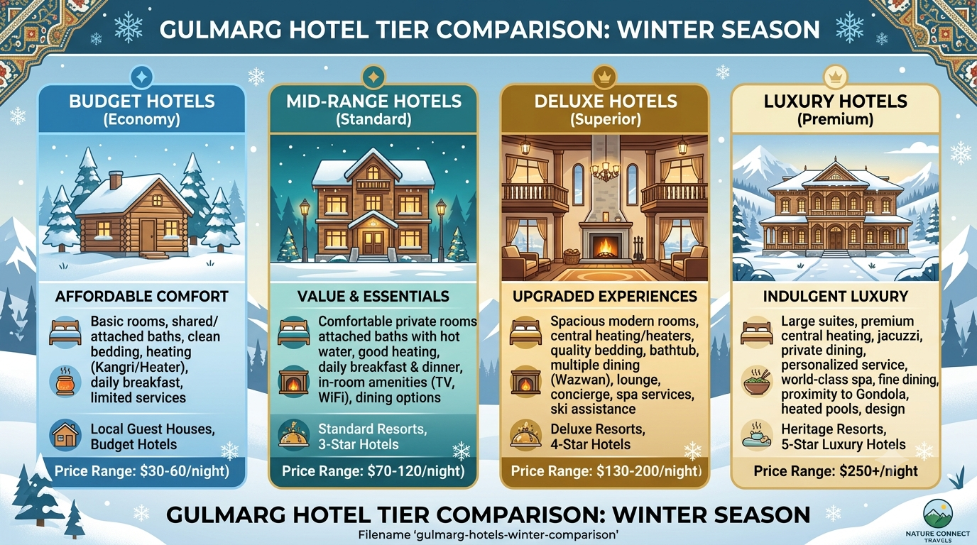 Gulmarg Hotels Winter Booking 2026 | Nature Connect Travels 10 Comparison infographic of Gulmarg hotels winter booking tiers and prices 2026 by Nature Connect Travels