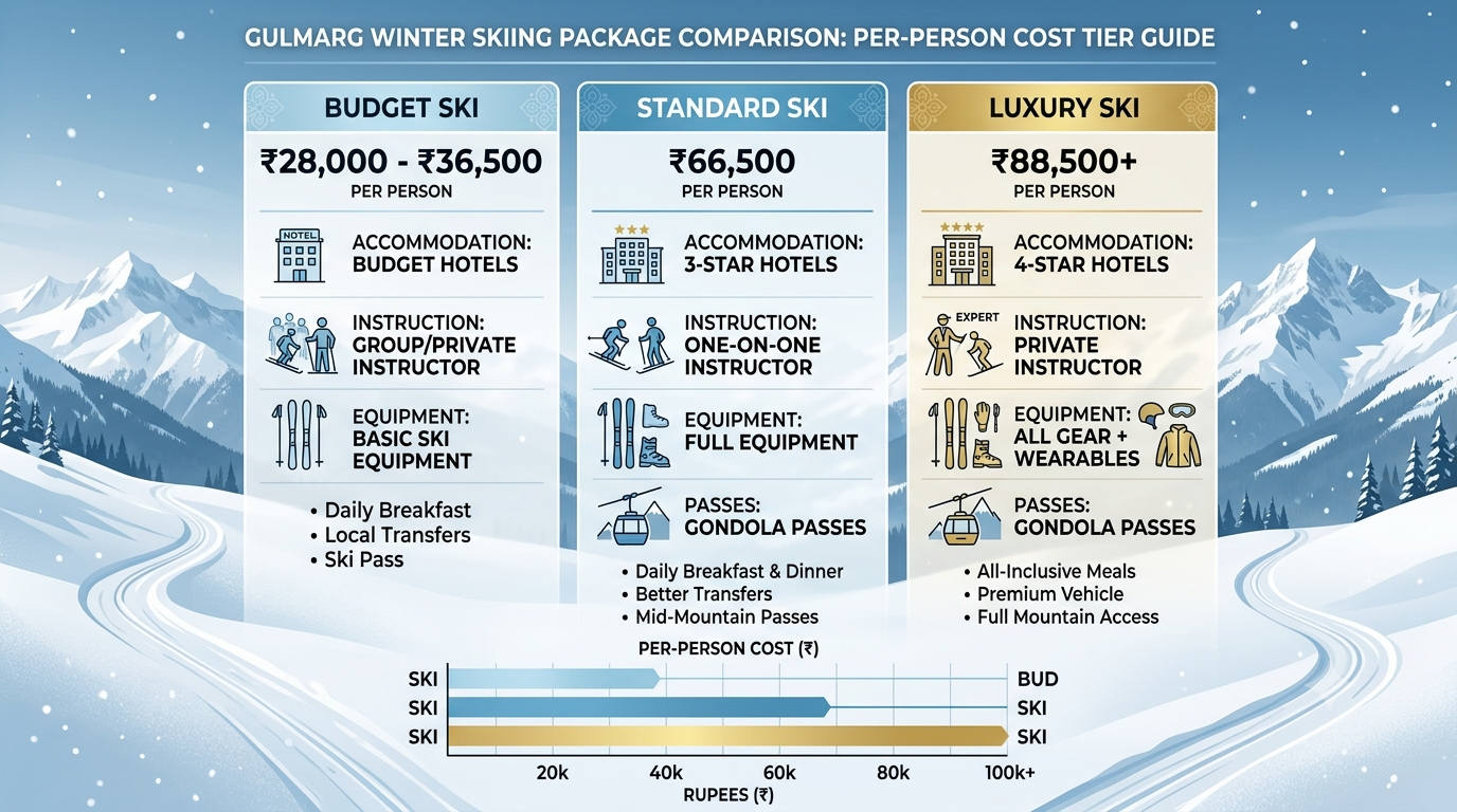 Gulmarg Winter Skiing Package 2026 | Nature Connect ₹28,000+ 8 Comparison infographic of Gulmarg winter skiing package tiers and prices 2026 by Nature Connect Travels