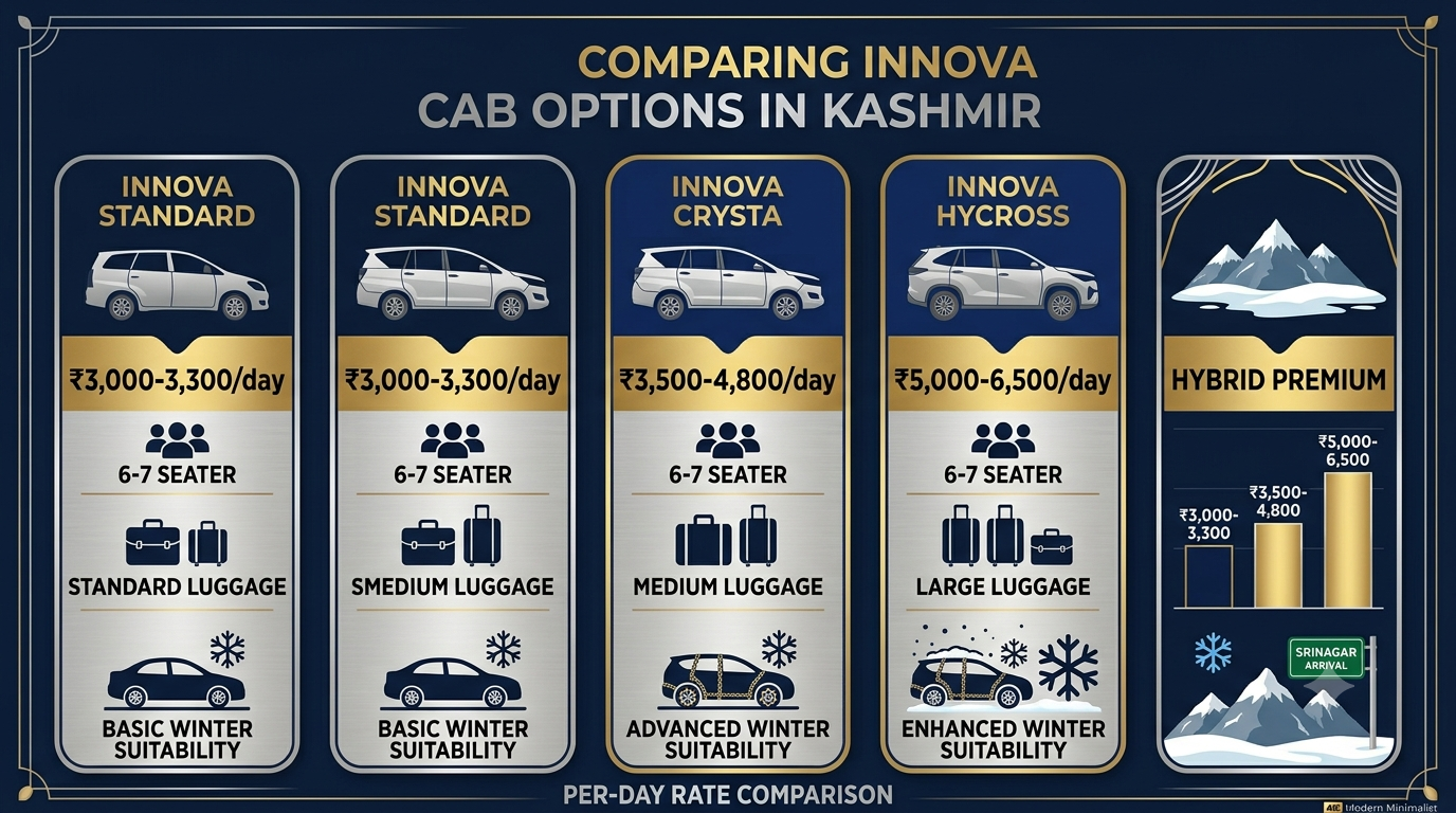 Innova Cab in Kashmir 2026 | Nature Connect Travels ₹3,500+ 8 Comparison infographic of Innova cab in Kashmir rates for Standard Crysta and Hycross variants 2026