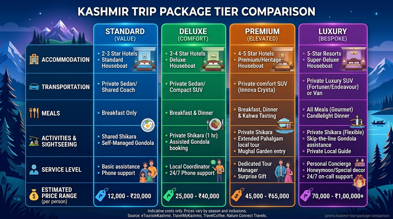 Jammu Kashmir Tour Package 2026 | Nature Connect ₹24,500+ 8 Comparison infographic of Jammu Kashmir tour package tiers and prices 2026 by Nature Connect Travels