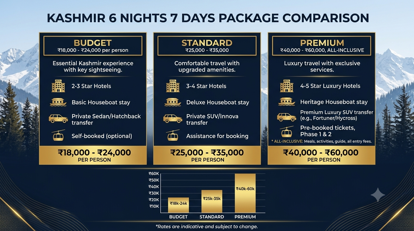 Comparison infographic of Kashmir 6 nights 7 days package tiers and prices 2026 by Nature Connect Travels
