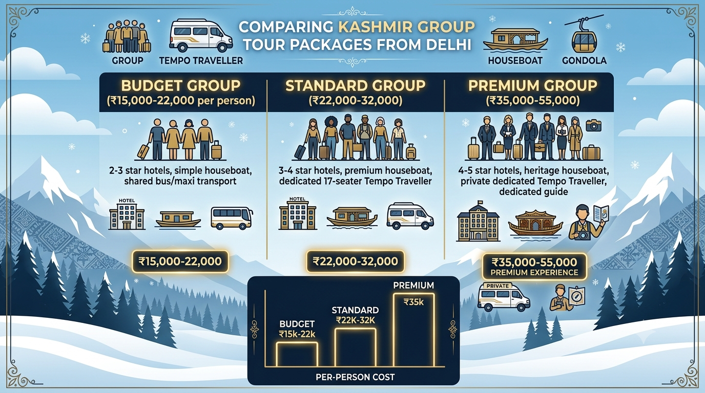 Comparison infographic of Kashmir group packages from Delhi tiers and prices 2026 by Nature Connect Travels