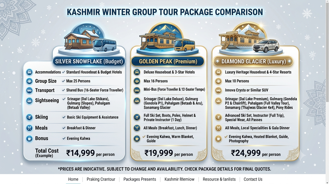 Kashmir Group Tour Winter Packages 2026 | Nature Connect ₹15K+ 8 Comparison infographic of Kashmir group tour winter package tiers and prices 2026 by Nature Connect Travels
