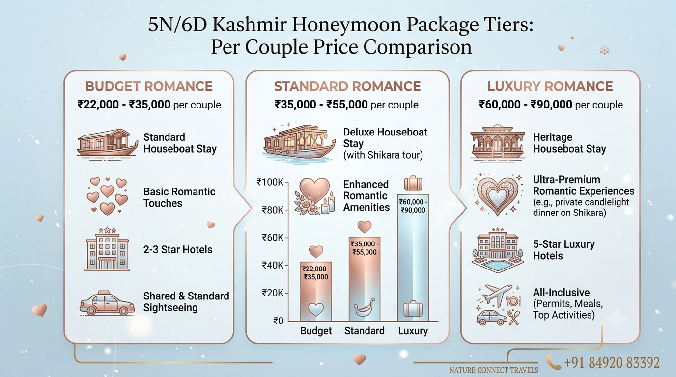Comparison infographic of Kashmir honeymoon package 5 nights 6 days price tiers for couples 2026