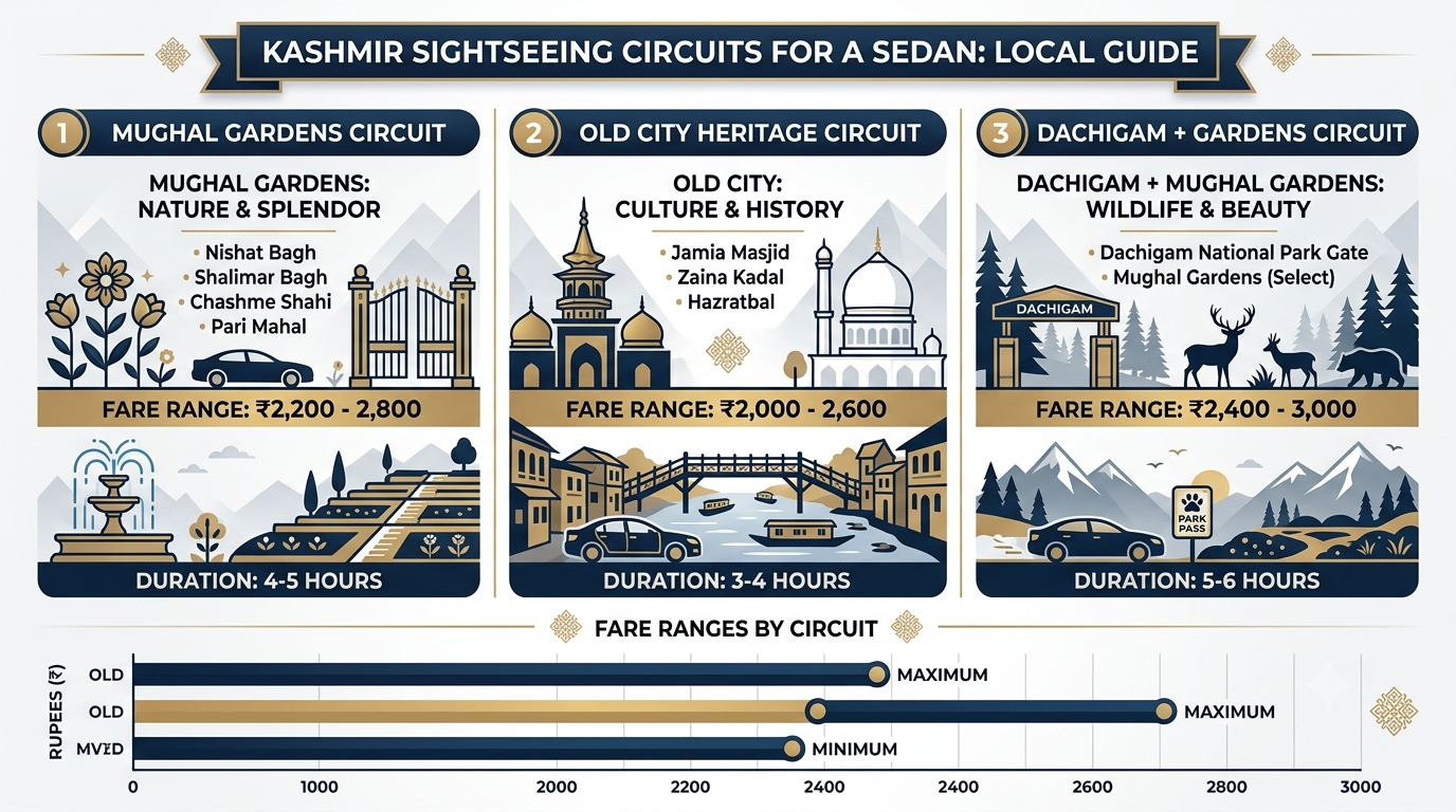 Comparison infographic of Kashmir local sightseeing taxi fare circuits for Mughal Gardens Old City and Dachigam 2026