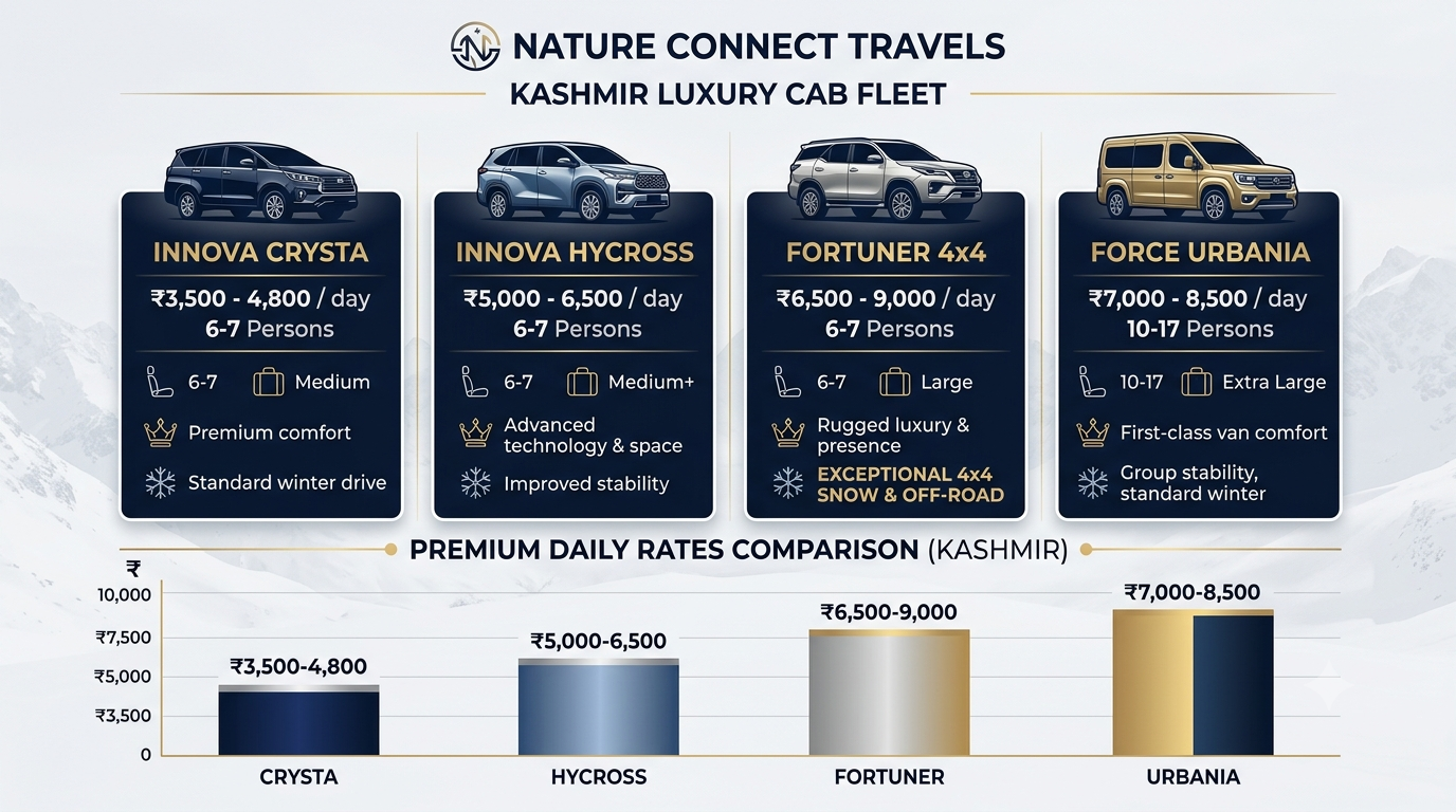 Comparison infographic of Kashmir luxury cabs fleet showing Innova Crysta Hycross Fortuner and Urbania rates 2026