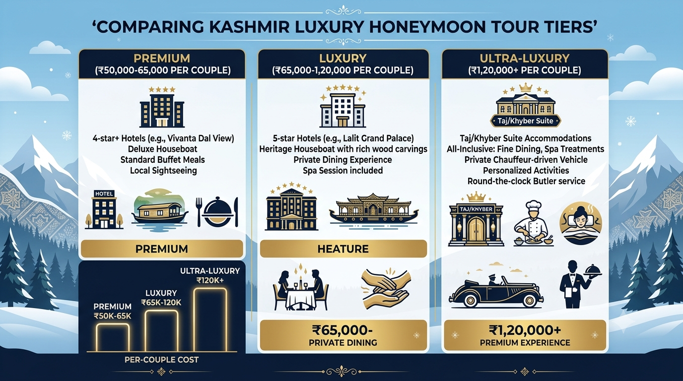 Comparison infographic of Kashmir luxury honeymoon tour tiers and prices for couples 2026