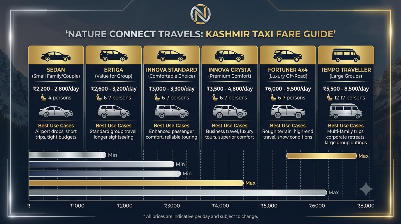 Kashmir Taxi Fare Guide 2026 | Nature Connect ₹2,200/Day 8 Comparison infographic of Kashmir taxi fare guide for sedan Ertiga Innova Crysta Fortuner and Tempo 2026