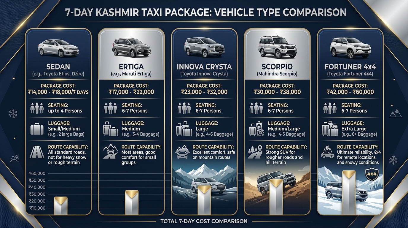 Comparison infographic of Kashmir taxi service for 7 days itinerary packages by vehicle type 2026