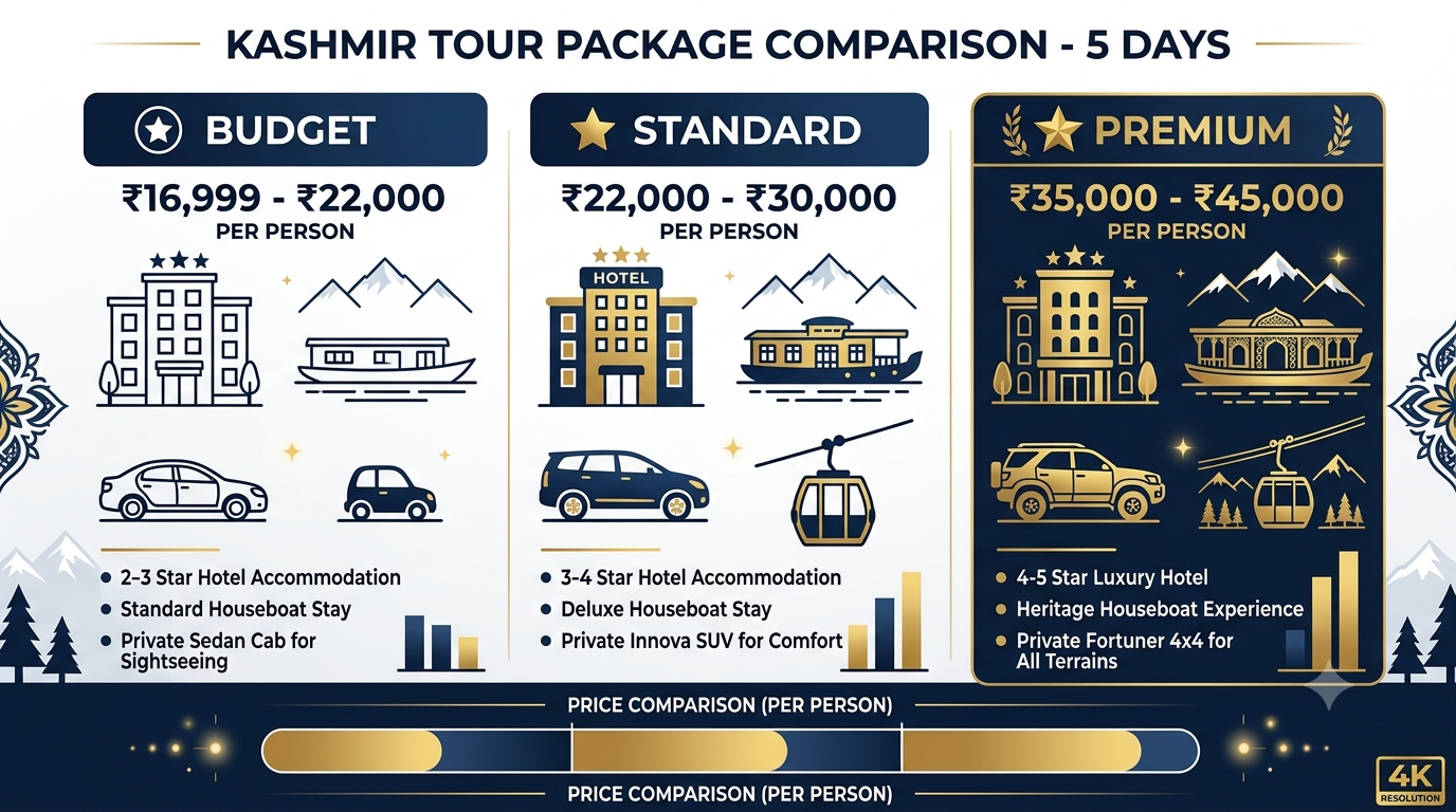 Comparison infographic of Kashmir tour package for 5 days tiers and prices 2026 by Nature Connect Travels