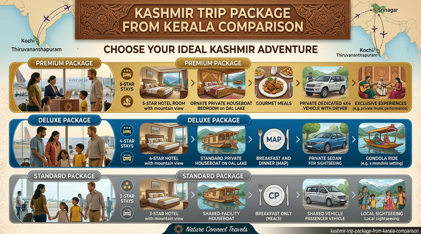 Kashmir Trip Package from Kerala 2026 | Nature Connect 8 Comparison infographic of Kashmir trip package from Kerala tiers and flight costs 2026 by Nature Connect Travels