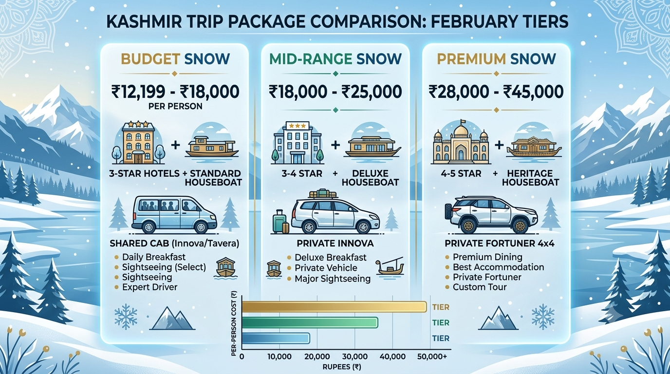 Kashmir Trip Package in February 2026 | Nature Connect ₹12K+ 8 Comparison infographic of Kashmir trip package in February tiers and prices 2026 by Nature Connect Travels