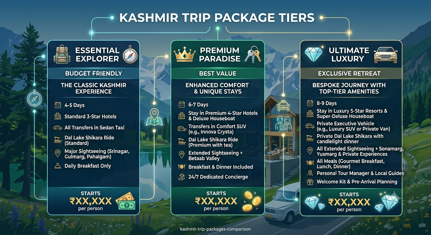 Kashmir Trip Packages 2026 | Nature Connect Travels ₹12,600+ 8 Comparison infographic of Kashmir trip packages tiers and prices 2026 by Nature Connect Travels