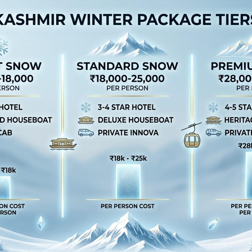 Comparison infographic of Kashmir winter package tiers and prices 2026 by Nature Connect Travels