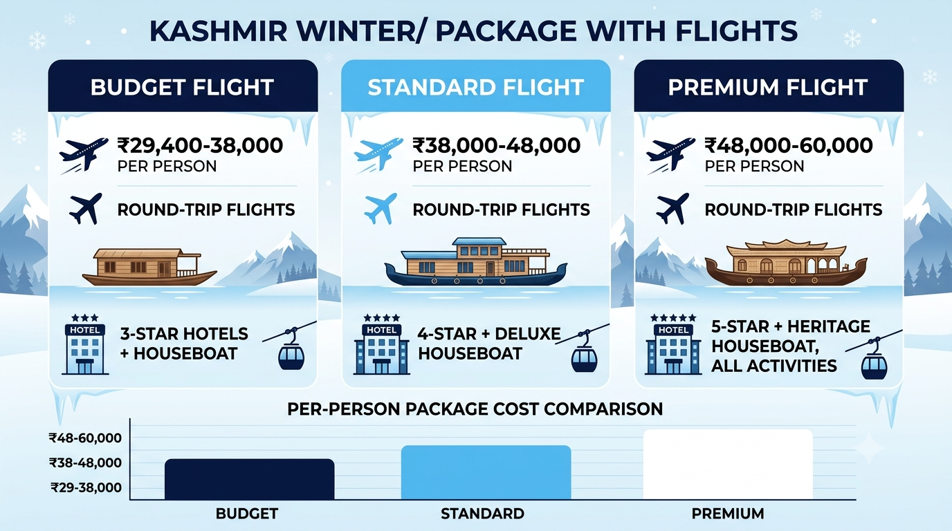 Kashmir Winter Package with Flight 2026 | ₹29,400+ All-Inc 8 Comparison infographic of Kashmir winter package with flight tiers and prices for 2026