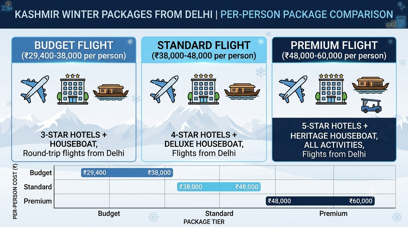 Kashmir Winter Packages from Delhi 2026 | ₹29,400+ All-Inc 8 Comparison infographic of Kashmir winter packages from Delhi tiers and prices for 2026