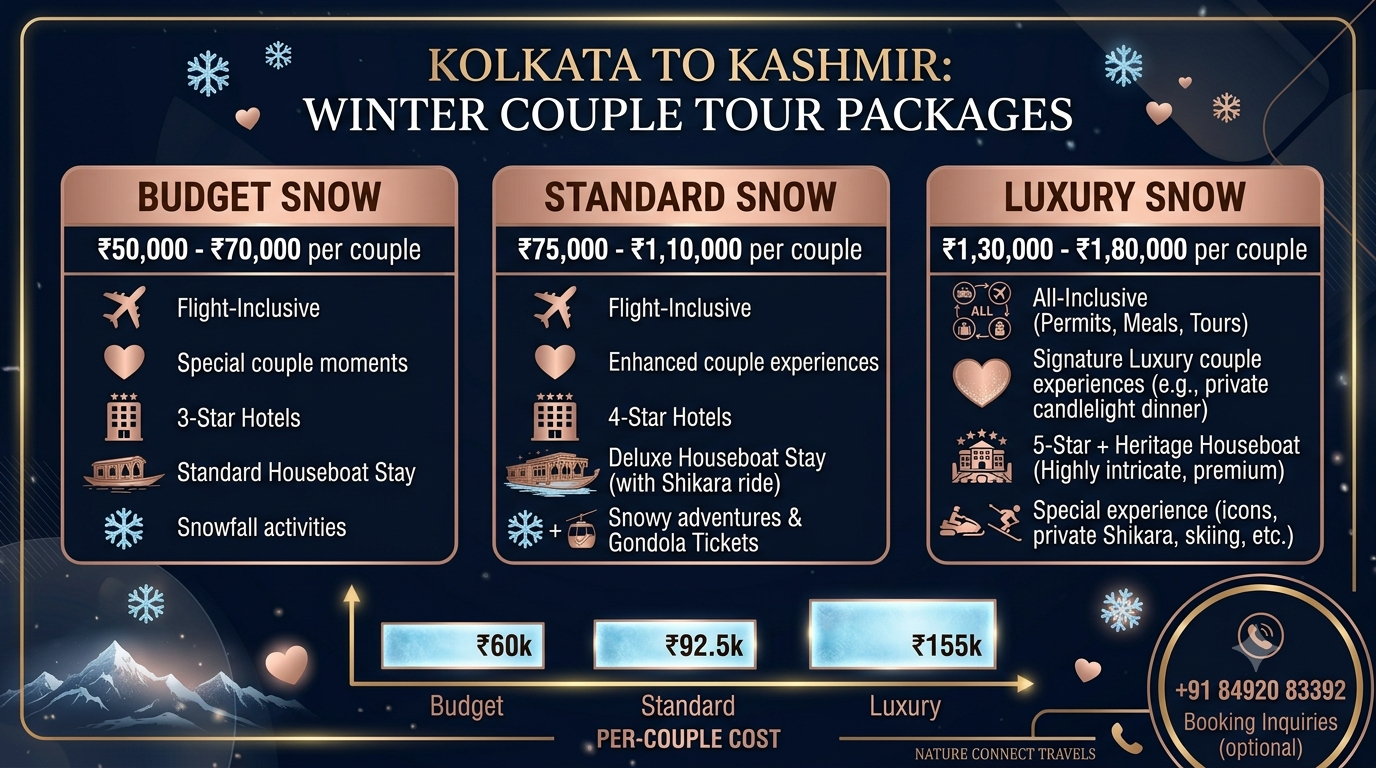 Comparison infographic of Kashmir winter tour packages for couples from Kolkata tiers and prices 2026