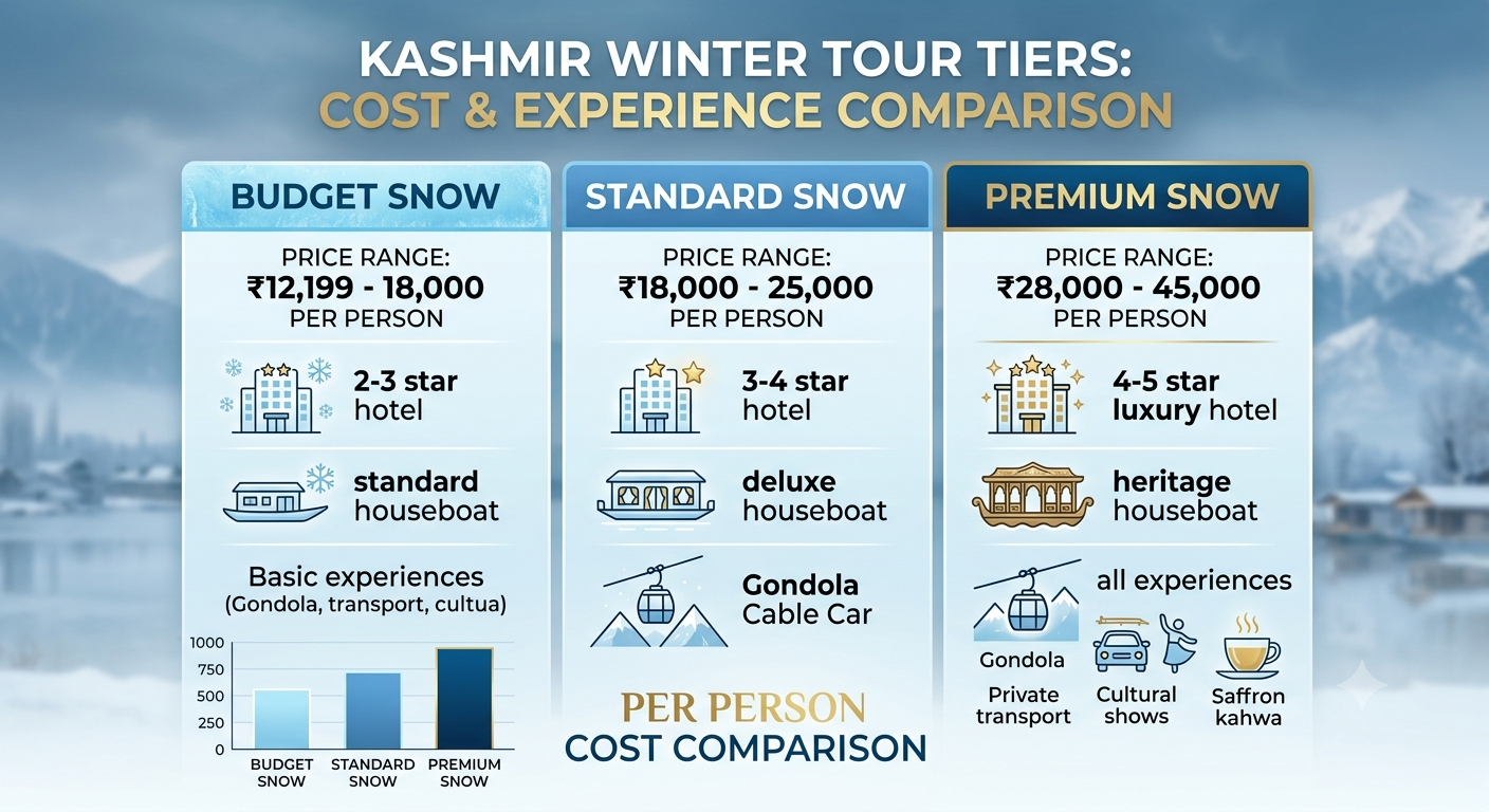 Kashmir Winter Tour 2026 | Nature Connect Travels ₹12,199+ 8 Comparison infographic of Kashmir winter tour packages tiers and prices 2026 by Nature Connect Travels